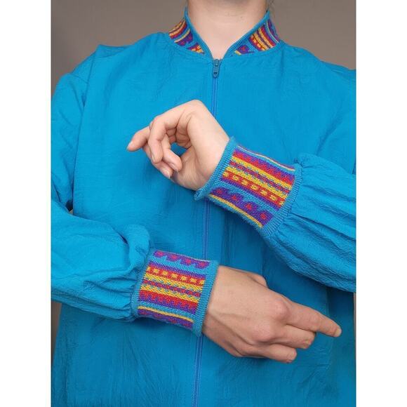 Vtg 80s Blair Boutique Blue Colorful Bomber Wind Breaker Jacket w/ Pockets Sz M - Picture 7 of 9